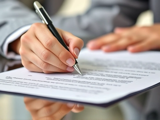 계약서에 서명하는 구매자의 손을 클로즈업한 이미지