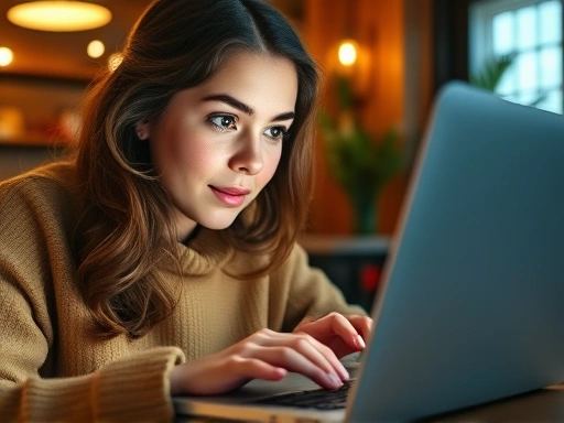 젊은 여성이 노트북을 사용하여 아늑한 카페에서 청년 전세자금대출 정보를 검색하는 모습