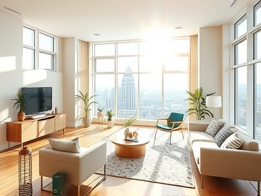 세련된 도시 아파트의 밝고 넓은 거실을 보여주는 이미지