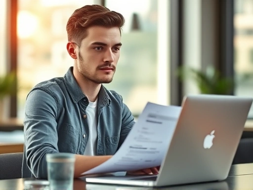 {젊은 창업가가 노트북 앞에서 사업 계획을 검토하며 진지한 표정을 짓고 있다.