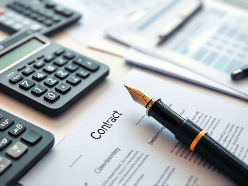 {계산기와 서류가 놓인 책상 위를 클로즈업하여 촬영했다.