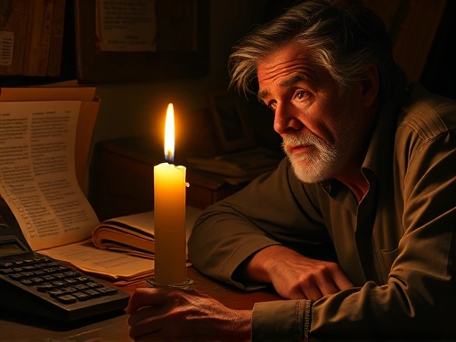 어두운 방에서 희미하게 빛나는 촛불, 촛불 주변에는 낡은 서류와 계산기가 놓여져 있으며, 힘겨운 표정의 남성이 촛불을 바라보는 장면