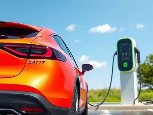 전기 자동차가 충전소에서 충전되고 있으며, 하늘은 맑고 깨끗하며 주변 환경은 친환경적입니다.