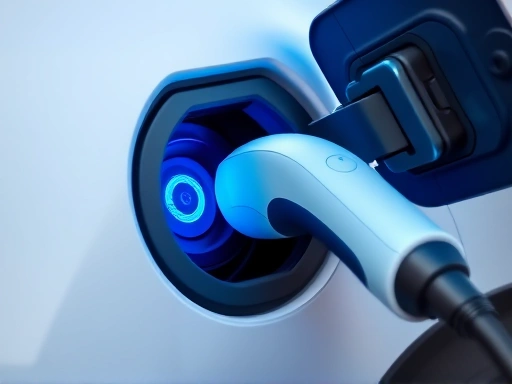 전기 자동차의 충전 포트가 클로즈업되어 있으며, 충전 케이블이 연결되어 있습니다.