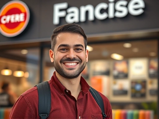 프랜차이즈 매장 앞에서 미소짓는 창업가의 모습