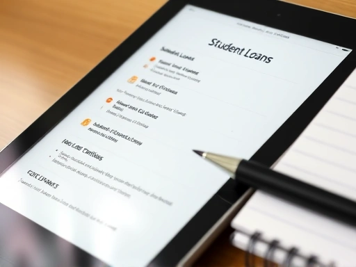 다양한 학자금 대출 상품 정보가 담긴 태블릿 화면 클로즈업, 학업에 대한 의지를 나타내는 펜과 노트