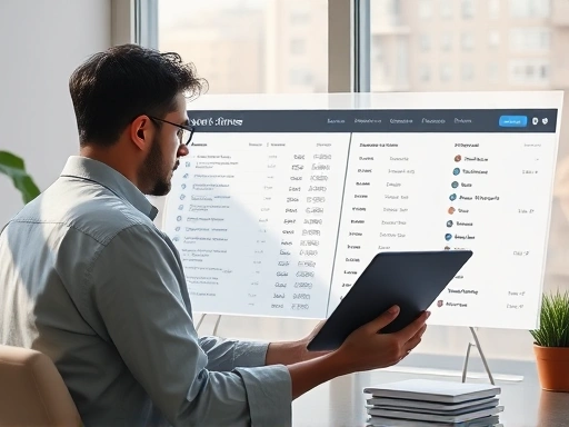 {투자자가 P2P 플랫폼을 신중하게 분석하며, 플랫폼의 다양한 투자 옵션을 탐색하는 장면