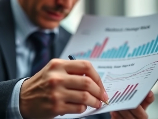 {투자자가 재무 분석 도구를 사용하여 대출 상품의 위험과 수익률을 평가하는 클로즈업 장면