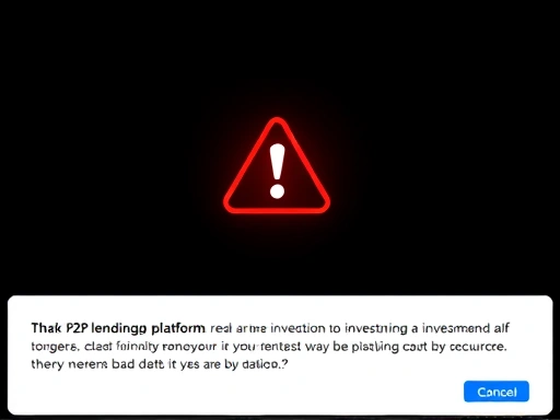 P2P대출 플랫폼에서 부실채권 발생을 알리는 알림 화면, 어두운 배경에 붉은색 경고 아이콘이 강조되어 긴장감을 유발하며, 투자 손실에 대한 우려를 시각적으로 표현하는 이미지