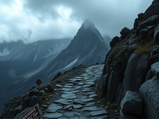 {경고 표지판이 있는 험난한 산길을 보여주며, 어두운 색상과 불안한 분위기