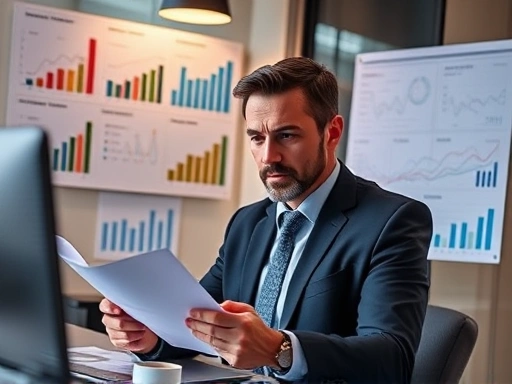 다양한 그래프와 차트가 있는 세련된 사무실에서 분석가가 P2P 대출 데이터를 검토하고 있습니다.