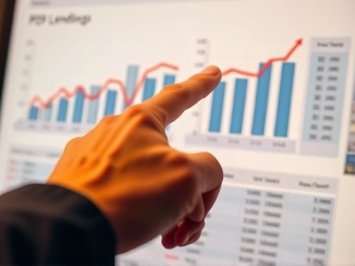 클로즈업된 손이 P2P 대출 플랫폼의 데이터 차트를 가리키고 있으며, 중요한 투자 지표를 강조합니다.