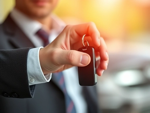 자동차 판매원의 손에 있는 자동차 키를 클로즈업한 이미지