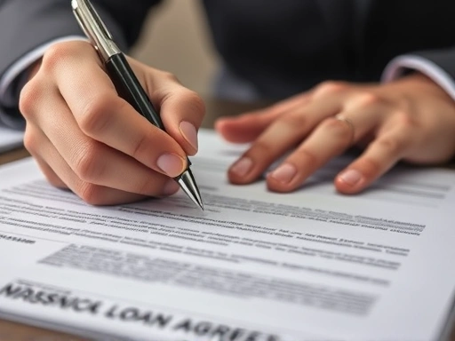 자동차 대출 계약서에 서명하는 손을 클로즈업한 이미지