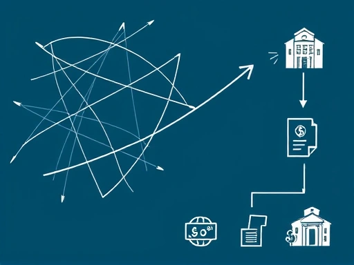 재정적 어려움을 상징하는 복잡한 선과 화살표, 그리고 이를 해결해나가는 모습