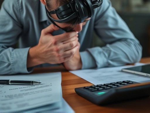 계산기와 서류가 놓인 책상에서 한 남성이 머리를 감싸 쥐고 있으며, 복잡한 재정 상황을 암시하는 클로즈업 샷