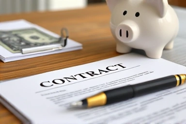 탁자 위에 놓인 계약서와 펜, 그리고 저금통의 클로즈업.