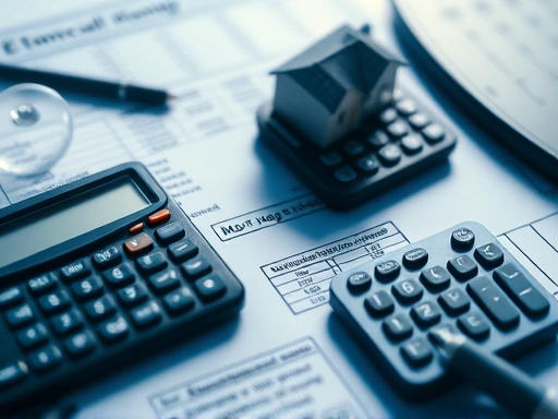 복잡한 금융 서류와 계산기를 사용하여 전세자금 대출의 어려움을 시각적으로 표현하고, 푸른색조와 그림자를 대비시켜 신중함과 고민을 강조하는 이미지