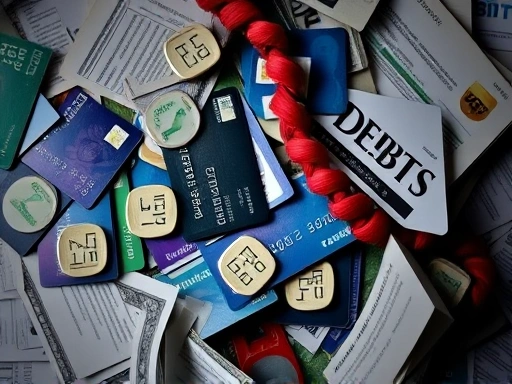 여러 개의 신용카드와 대출 서류가 어지럽게 흩어져 있는 이미지