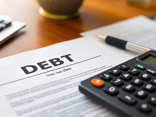 계산기와 펜이 놓인 테이블 위에 놓인 채무 관련 서류들을 클로즈업한 이미지