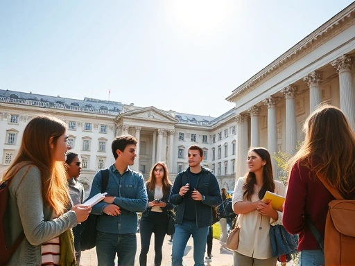 해외 대학 캠퍼스에서 학생들이 강의를 듣고 토론하는 모습