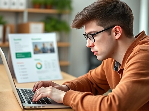 한 학생이 노트북으로 대출 상품 정보를 검색하고 꼼꼼히 비교하는 모습