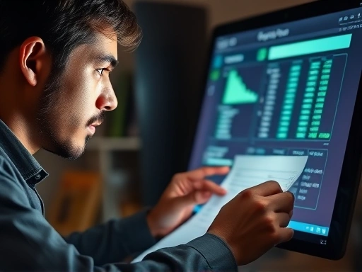 집중된 표정으로 컴퓨터 화면에서 재정 정보를 분석하는 사람의 세부 사항을 담은 상징적 요소로, 편안한 조명과 상세한 촬영 스타일은 대출 신청의 진지함과 감정적 맥락을 강조합니다.