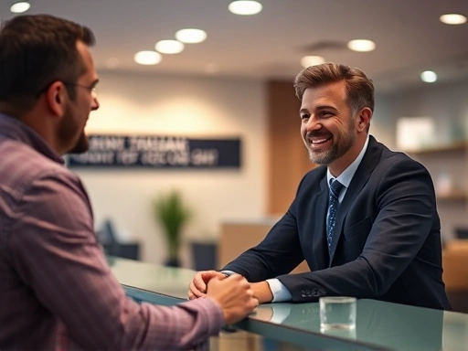 한 남성이 은행 창구에서 상담을 받고 있으며, 부드러운 조명이 신뢰감을 더하고 편안한 분위기