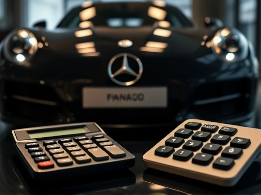 세련된 수입차의 정면 클로즈업과 계산기가 놓여 있어 재정적 고려 사항과 차량 구매의 매력을 동시에 보여주며, 부드러운 조명과 깊이 있는 색감으로 고급스럽고 신중한 분위기