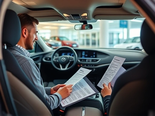 현대적인 국산차의 내부를 보여주며, 딜러가 서류를 검토하고 있어 편안함과 접근성을 강조하며, 따뜻한 조명과 자연스러운 색상으로 친근하고 신뢰감을 주는 분위기
