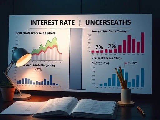 금리 결정을 둘러싼 불확실성을 포착하는 재무 시나리오의 시각적 표현으로, 다양한 옵션에 대한 신중한 고려를 나타내는 차트와 그래프를 보여줍니다.