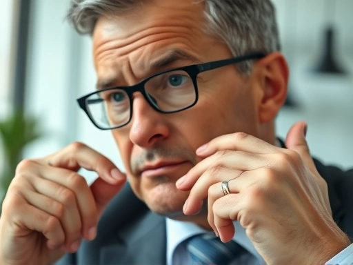 금리 옵션에 대한 결정을 내리는 동안 진지한 고려와 분석을 전달하는 금융 전문가의 클로즈업 샷입니다.