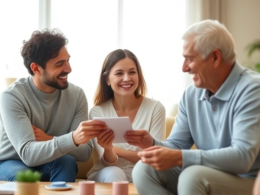 {밝은 거실에서 가족이 함께 카드 혜택을 살펴보며 미소짓는 모습