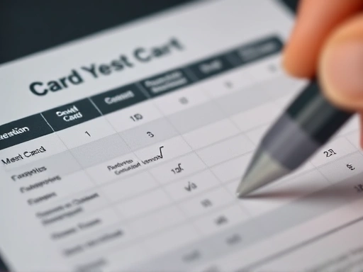 {신용카드 비교표를 클로즈업하여 꼼꼼하게 살펴보는 모습