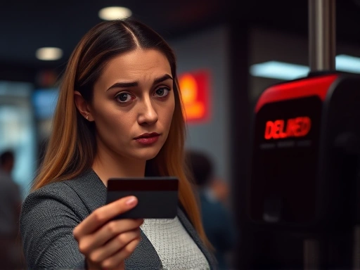 {신용카드가 결제기에서 거부되고, 붉은색 경고등이 켜진 채로, 당황한 표정의 여성이 카드를 바라보는 장면