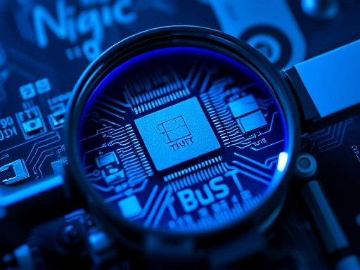 {확대된 신용카드 칩, 복잡한 전자 회로 패턴이 드러나고, 빛이 반사되어 기술적인 느낌을 강조.