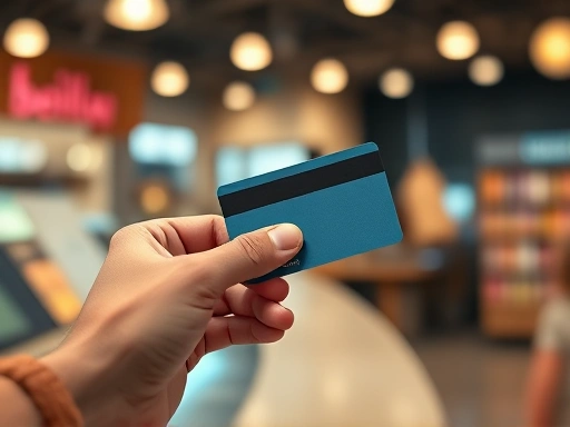 {신용카드를 들고 있는 손과 계산대의 클로즈업 샷, 따뜻한 조명과 차분한 색상으로 신중한 소비 분위기