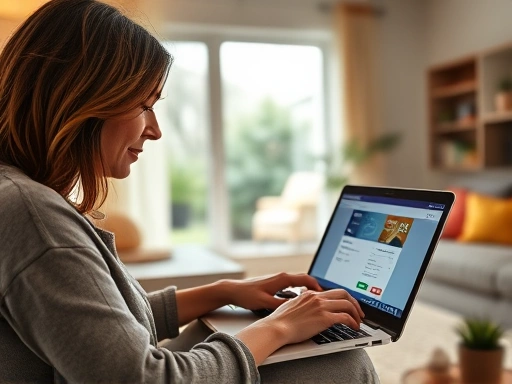 밝은 거실에서 노트북으로 카드 정보를 검색하는 여성, 따뜻한 조명과 아늑한 분위기