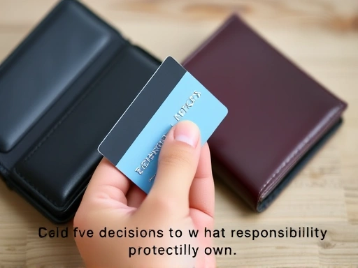 손으로 신용카드를 든 클로즈업 샷, 지갑과 함께 놓여 경제적 결정과 책임감을 상징하며 재정적 맥락을 강조하는 두 번째 이미지