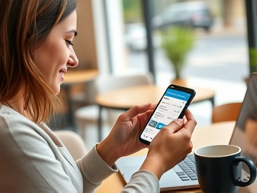 한 여성이 스마트폰으로 신용카드 쇼핑보험 청구 방법을 검색하며, 밝은 햇살이 비치는 카페에서 편안하게 작업하는 모습