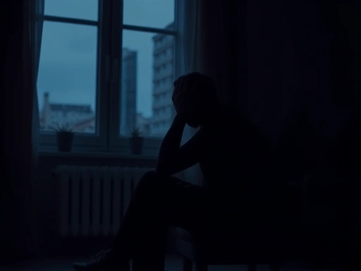 어두운 방 안에서 한 사람이 고뇌에 잠겨 앉아 있는 모습