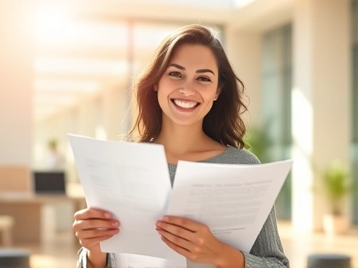 밝은 햇살 아래 한 사람이 희망찬 표정으로 서류를 들고 있는 모습
