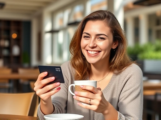 한 여성이 신용카드를 들고 미소짓고 있으며, 밝은 햇살이 비추는 현대적인 카페에서 커피를 마시며 편안한 분위기