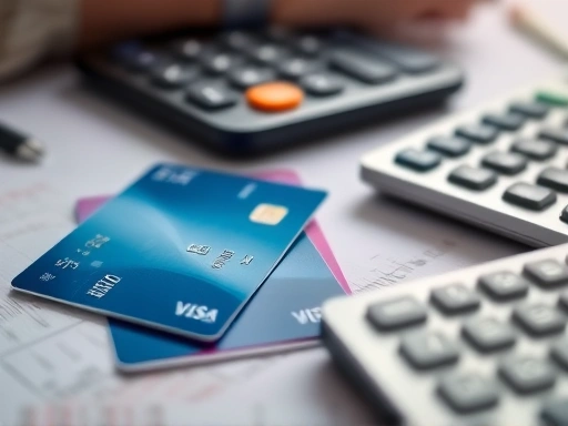 신용카드와 계산기가 놓여있는 테이블을 클로즈업하여 촬영하였고, 부드러운 조명이 사용되었으며, 재정적 계획과 책임감 있는 지출을 암시합니다.