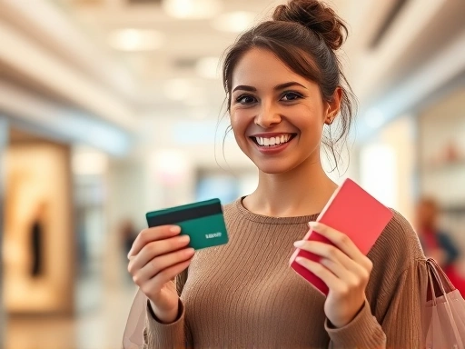 한 여성이 신용카드를 들고 밝게 웃고 있으며, 배경은 세련된 쇼핑몰 내부로 부드러운 조명과 따뜻한 색감이 행복하고 만족스러운 분위기