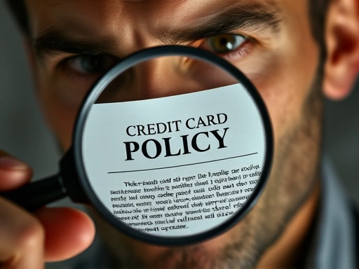 돋보기로 신용카드 약관을 자세히 들여다보는 클로즈업 샷으로, 중요한 부분을 강조하는 섬세한 조명과 진지한 표정이 신중하고 분석적인 느낌을 강조합니다.
