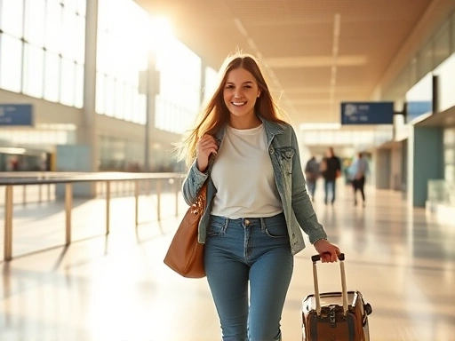 한 여성이 밝은 햇살 아래 여행 가방을 들고 공항 터미널을 걷는 모습