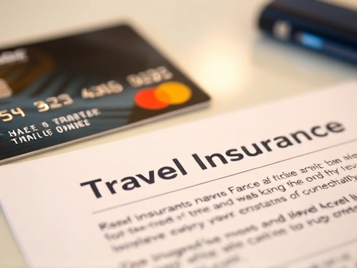 신용카드와 여행자보험 증서가 테이블 위에 놓여 있는 클로즈업 샷.