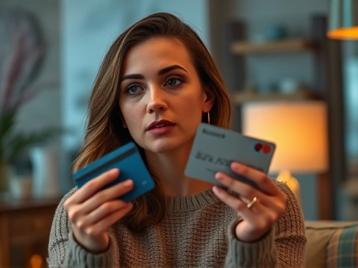 한 여성이 신용카드를 들고 고민하는 모습