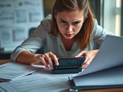 한 여성이 복잡한 금융 서류에 둘러싸여 걱정스러운 표정으로 계산기를 두드리고 있으며, 부드러운 자연광이 그녀의 고뇌를 강조하는 드라마틱한 분위기